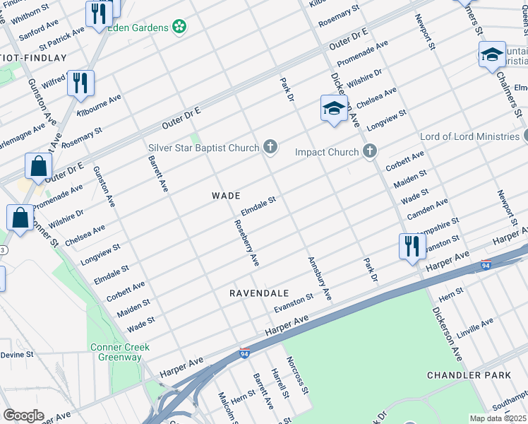 map of restaurants, bars, coffee shops, grocery stores, and more near 12282 Elmdale Street in Detroit