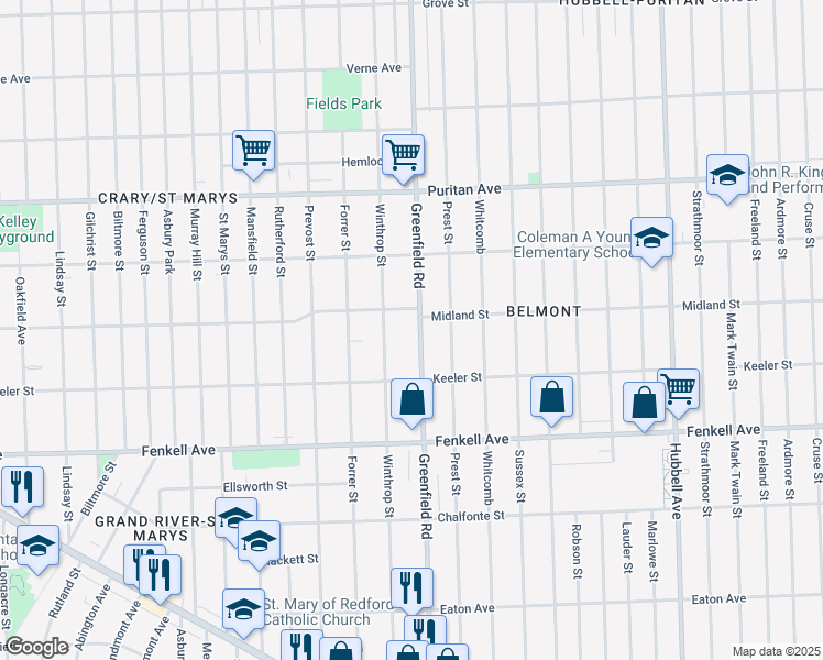 map of restaurants, bars, coffee shops, grocery stores, and more near 15507 Greenfield Road in Detroit