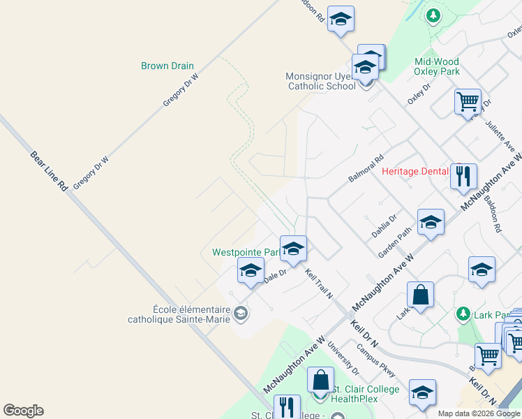 map of restaurants, bars, coffee shops, grocery stores, and more near 523 Keil Trail North in Chatham-Kent