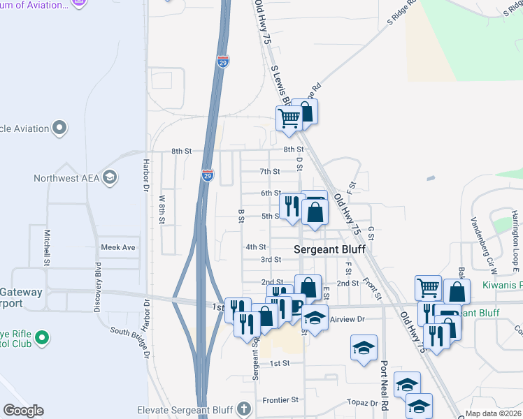 map of restaurants, bars, coffee shops, grocery stores, and more near 551-599 C Street in Sergeant Bluff