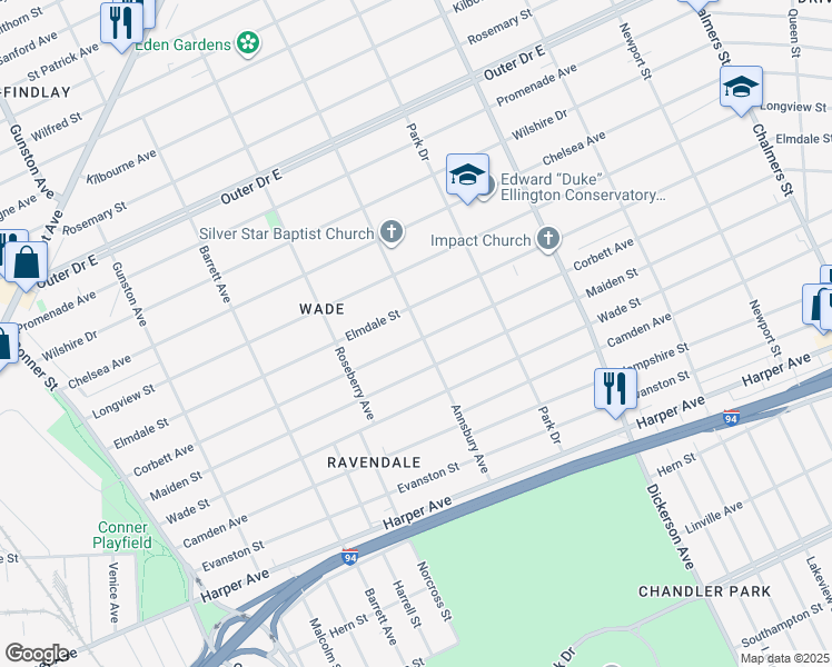 map of restaurants, bars, coffee shops, grocery stores, and more near 12349 Corbett Avenue in Detroit