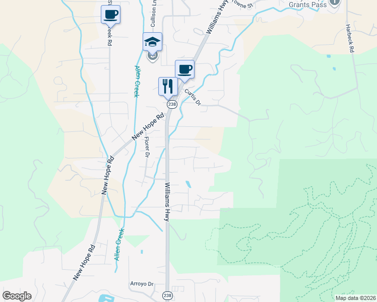 map of restaurants, bars, coffee shops, grocery stores, and more near 2709 Williams Highway in Grants Pass