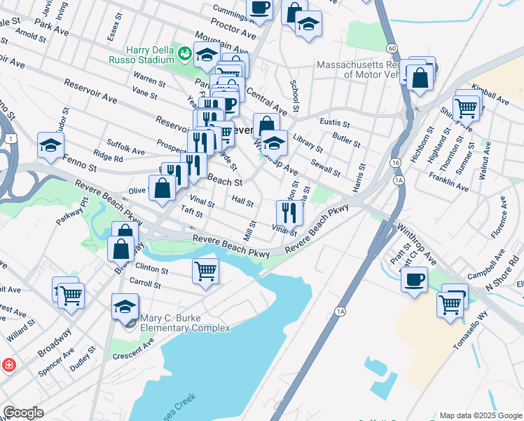 map of restaurants, bars, coffee shops, grocery stores, and more near 41 Hall Street in Revere