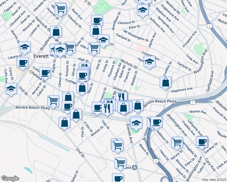 map of restaurants, bars, coffee shops, grocery stores, and more near 93 Union Street in Everett