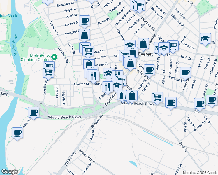 map of restaurants, bars, coffee shops, grocery stores, and more near 41 Oakes Street in Everett