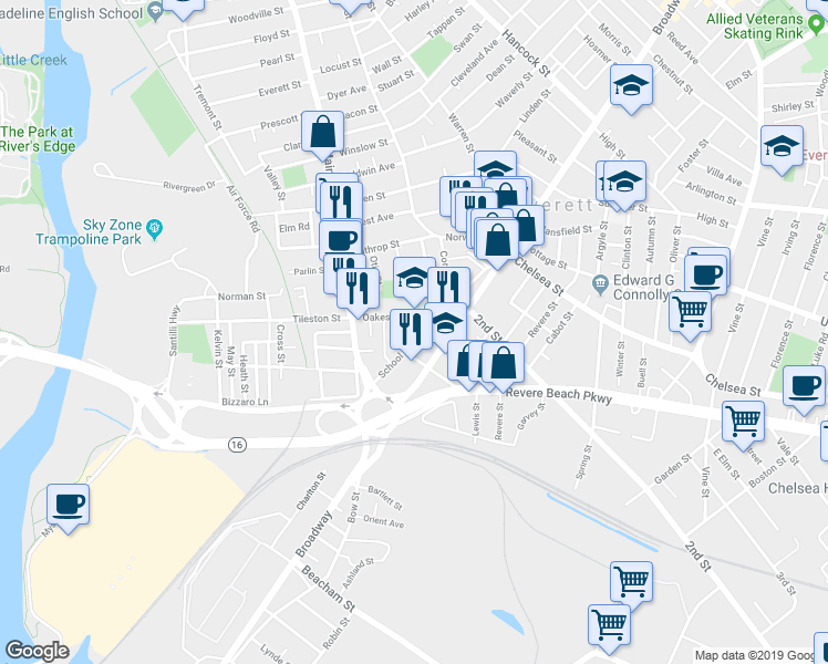 map of restaurants, bars, coffee shops, grocery stores, and more near 41 Oakes Street in Everett