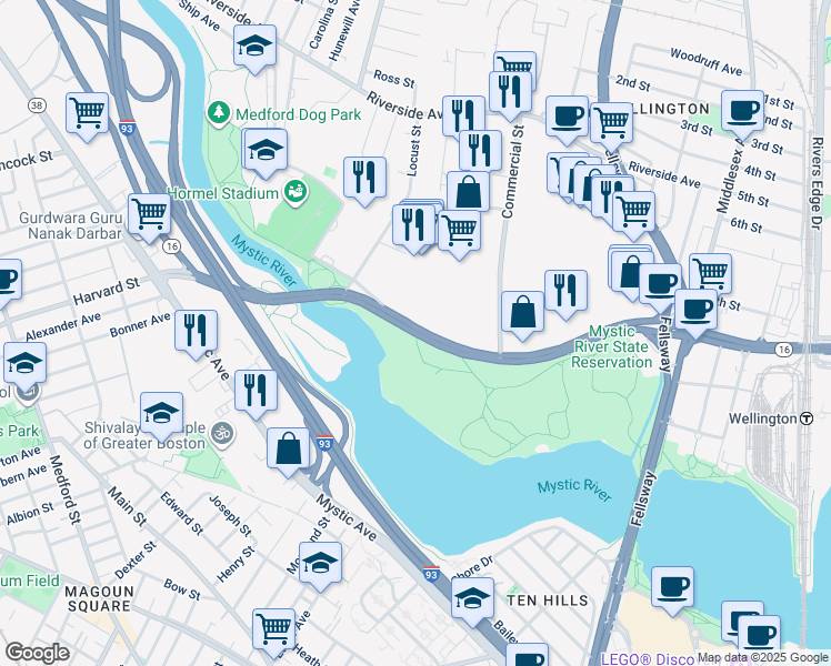 map of restaurants, bars, coffee shops, grocery stores, and more near 3860 Mystic Valley Parkway in Medford