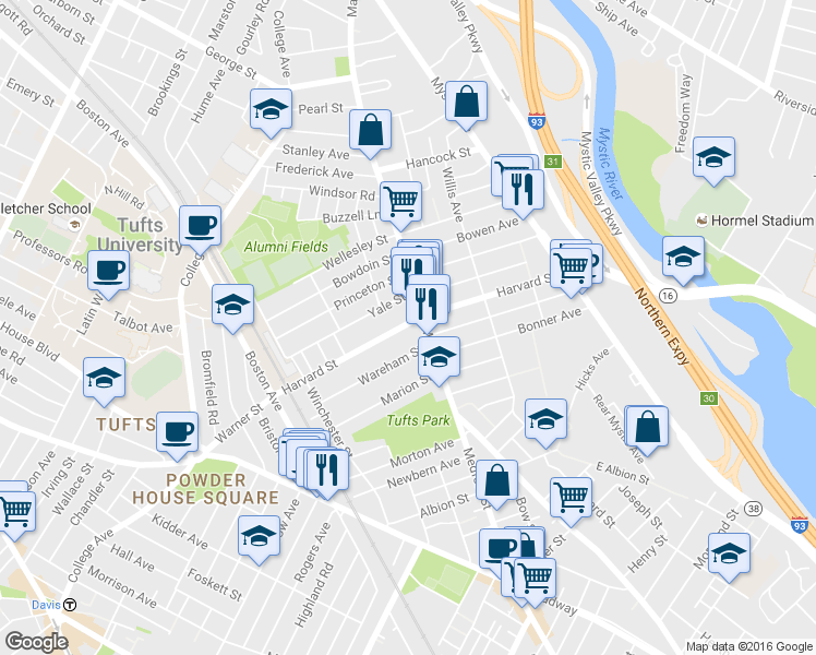 map of restaurants, bars, coffee shops, grocery stores, and more near 1 Harvard Street in Medford