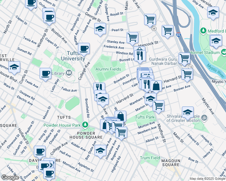 map of restaurants, bars, coffee shops, grocery stores, and more near 102 Princeton Street in Medford