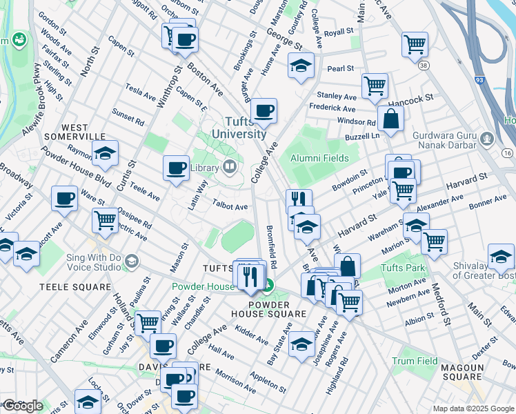 map of restaurants, bars, coffee shops, grocery stores, and more near 16 Dearborn Road in Somerville