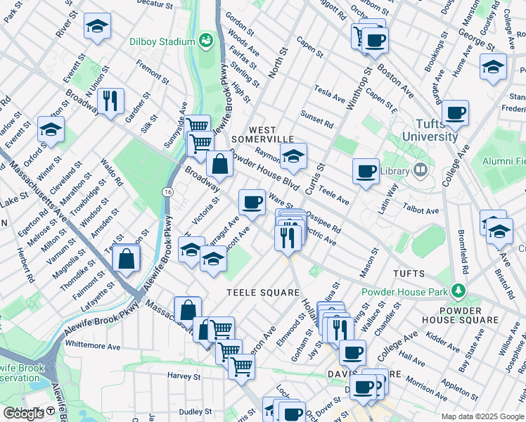 map of restaurants, bars, coffee shops, grocery stores, and more near 42 Fairmount Avenue in Somerville