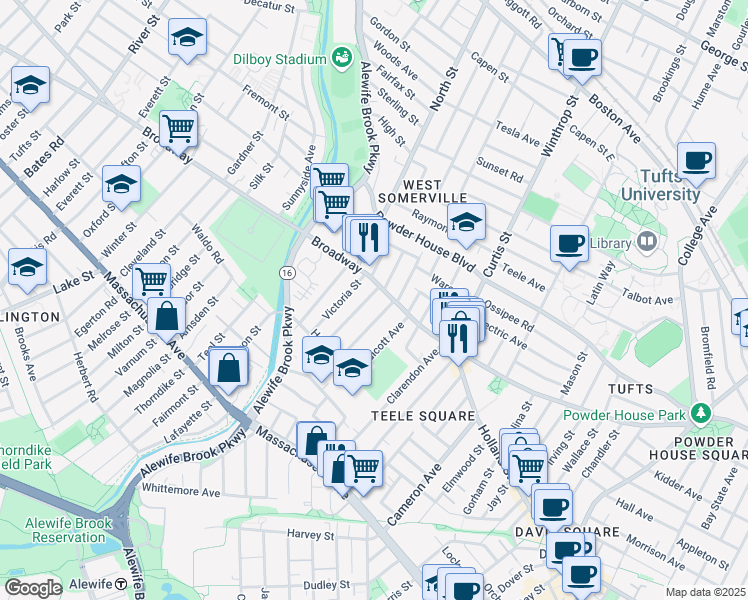 map of restaurants, bars, coffee shops, grocery stores, and more near 1249 Broadway in Somerville
