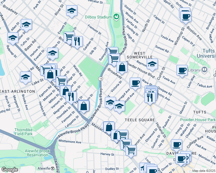 map of restaurants, bars, coffee shops, grocery stores, and more near 37 Waterhouse Street in Somerville