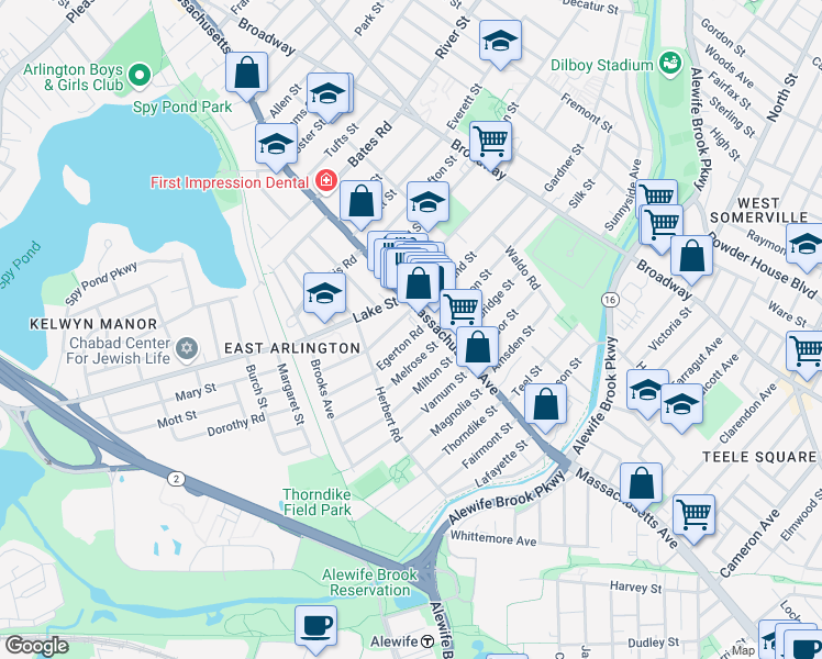 map of restaurants, bars, coffee shops, grocery stores, and more near 180 Massachusetts Avenue in Arlington