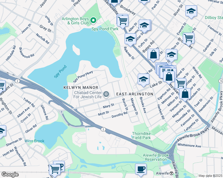 map of restaurants, bars, coffee shops, grocery stores, and more near 27 Pondview Road in Arlington