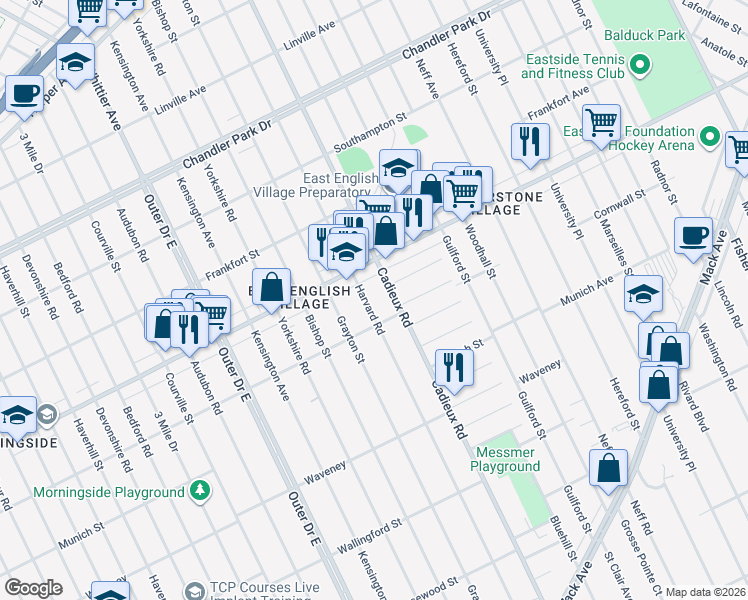 map of restaurants, bars, coffee shops, grocery stores, and more near 4875 Harvard Road in Detroit