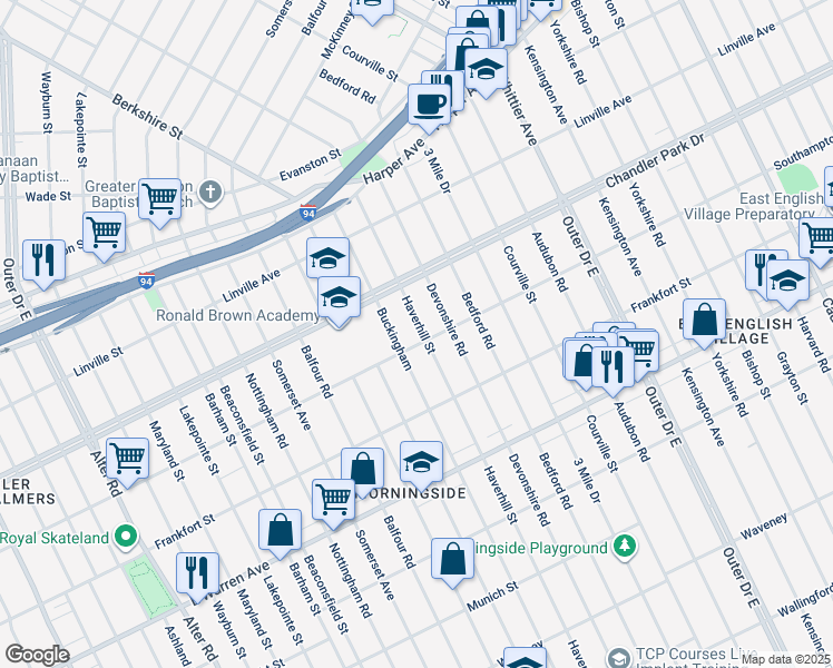 map of restaurants, bars, coffee shops, grocery stores, and more near 5525 Haverhill Street in Detroit