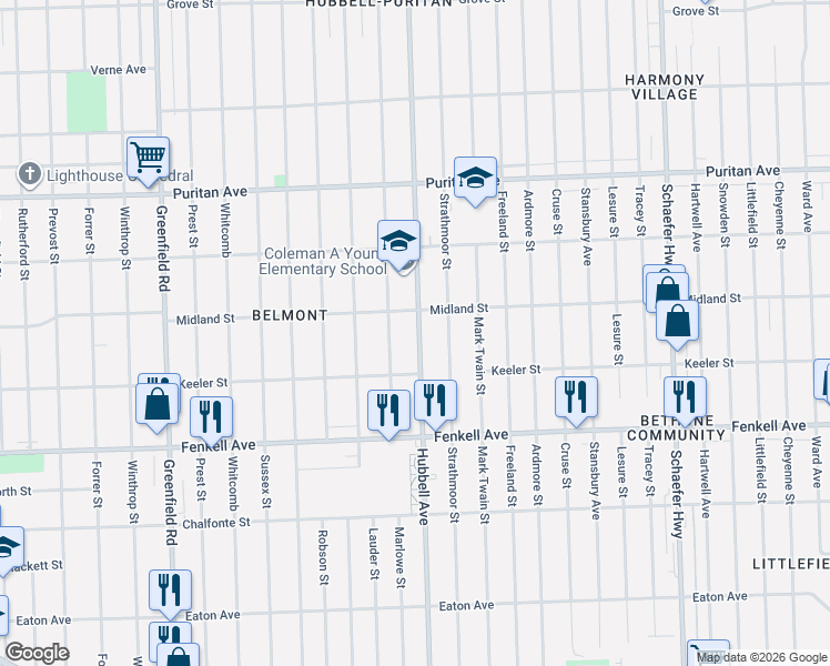 map of restaurants, bars, coffee shops, grocery stores, and more near 15480 Hubbell Avenue in Detroit
