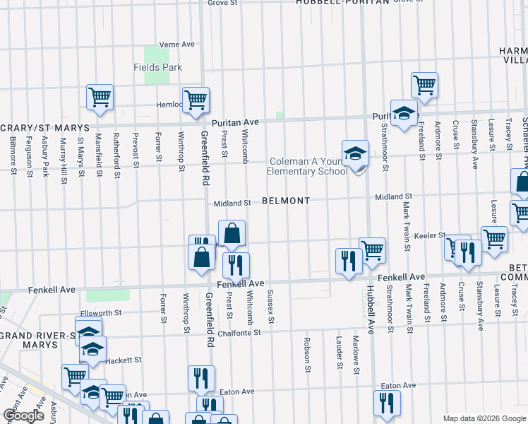 map of restaurants, bars, coffee shops, grocery stores, and more near 15510 Whitcomb in Detroit