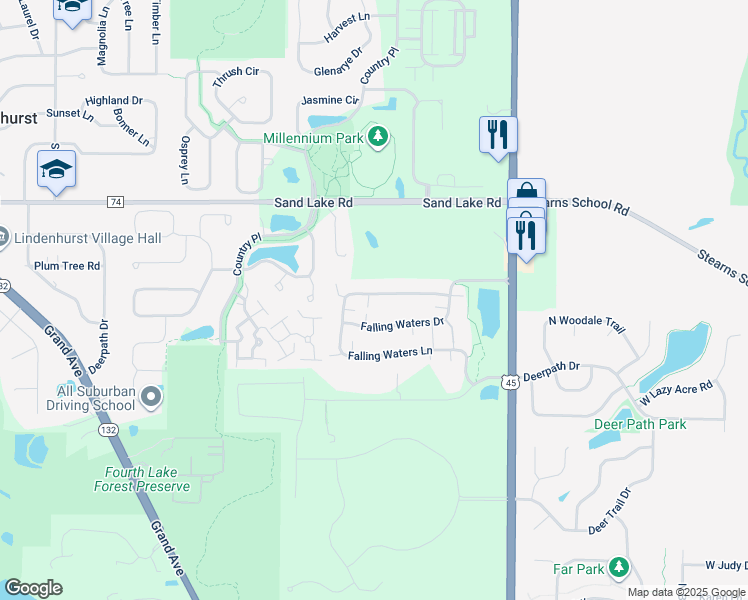 map of restaurants, bars, coffee shops, grocery stores, and more near 2907 Falling Waters Lane in Lindenhurst