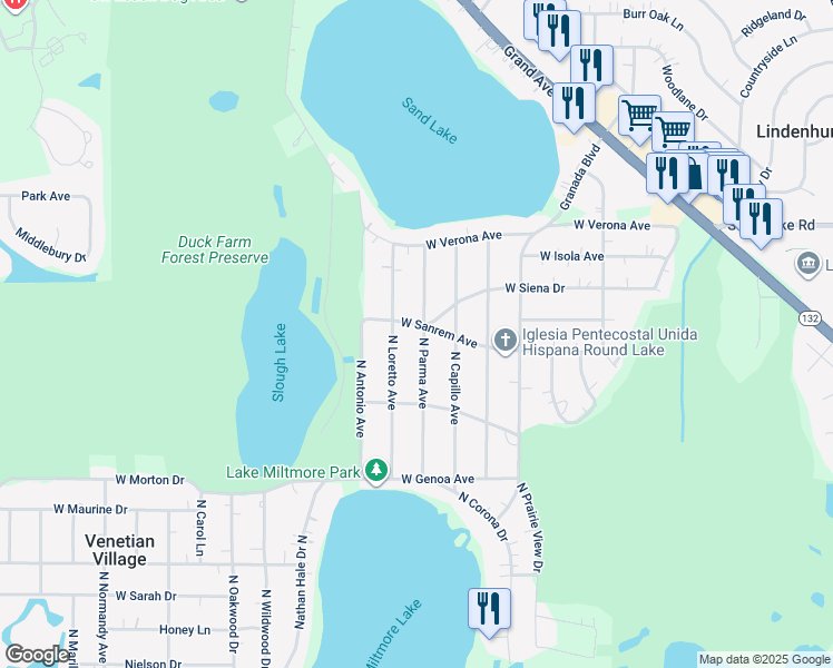 map of restaurants, bars, coffee shops, grocery stores, and more near 37282 North Parma Avenue in Lake Villa