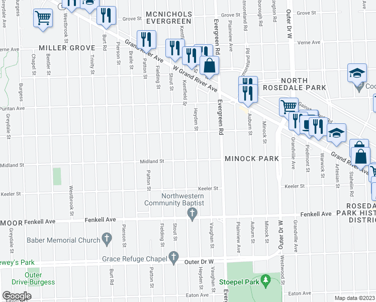 map of restaurants, bars, coffee shops, grocery stores, and more near 15724 Kentfield Street in Detroit