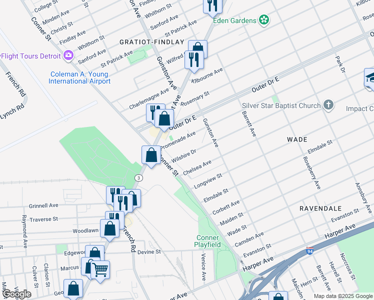 map of restaurants, bars, coffee shops, grocery stores, and more near 11100 Promenade Avenue in Detroit