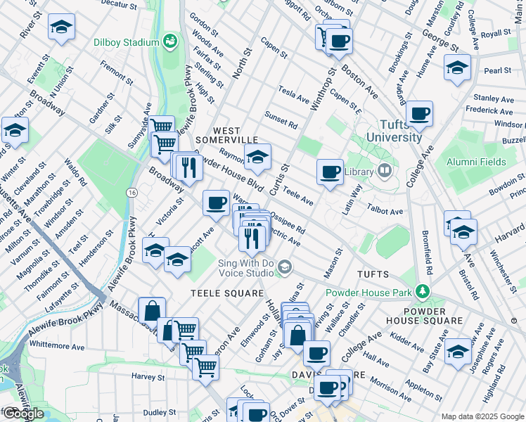 map of restaurants, bars, coffee shops, grocery stores, and more near 2 Ware Street in Somerville