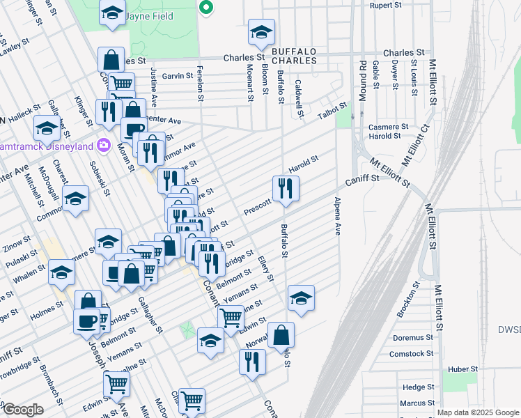 map of restaurants, bars, coffee shops, grocery stores, and more near 5051 Prescott Street in Hamtramck