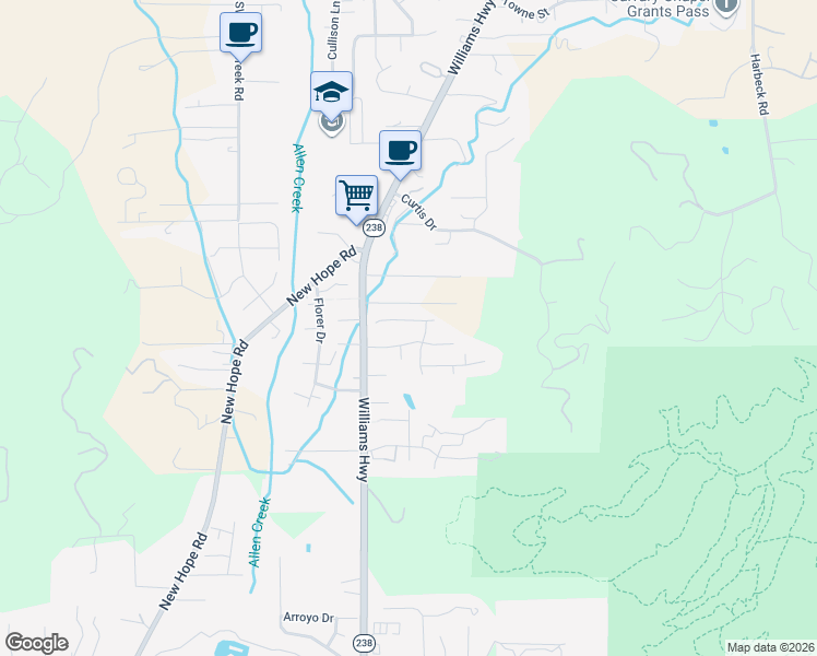 map of restaurants, bars, coffee shops, grocery stores, and more near 2709 Williams Highway in Grants Pass