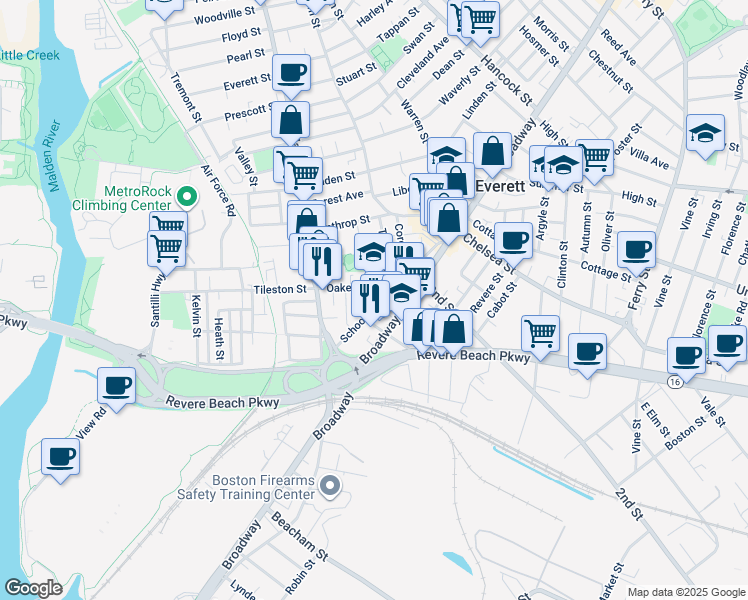map of restaurants, bars, coffee shops, grocery stores, and more near 41 Oakes Street in Everett