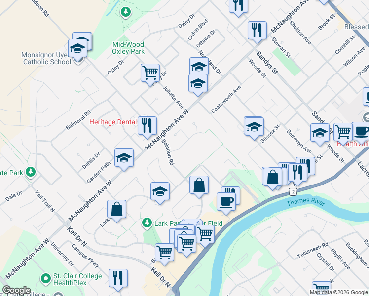 map of restaurants, bars, coffee shops, grocery stores, and more near 19 Finch Avenue in Chatham