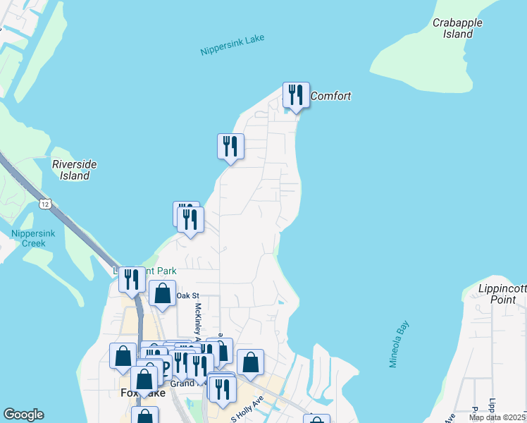 map of restaurants, bars, coffee shops, grocery stores, and more near 89 Maude Avenue in Fox Lake