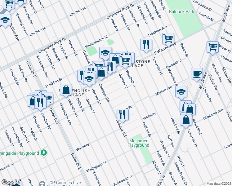 map of restaurants, bars, coffee shops, grocery stores, and more near 17166 Cornwall St in Detroit