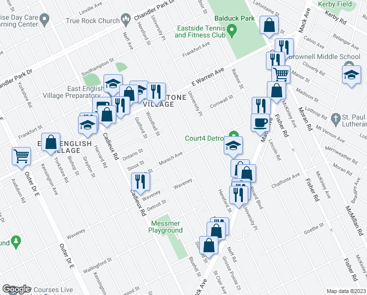 map of restaurants, bars, coffee shops, grocery stores, and more near 4516 Neff Avenue in Detroit