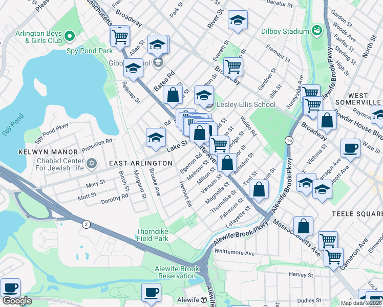 map of restaurants, bars, coffee shops, grocery stores, and more near 180 Massachusetts Avenue in Arlington
