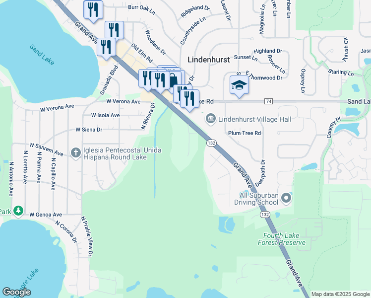 map of restaurants, bars, coffee shops, grocery stores, and more near 518 Hillcrest Lane in Lindenhurst