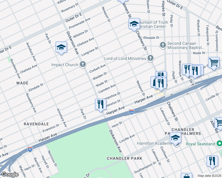 map of restaurants, bars, coffee shops, grocery stores, and more near 13112 Camden Avenue in Detroit