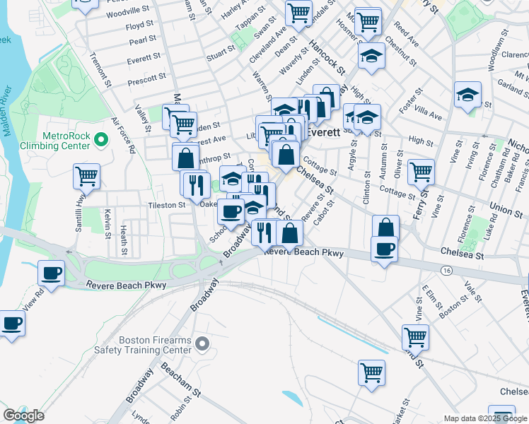map of restaurants, bars, coffee shops, grocery stores, and more near 11 Cazenove Place in Everett