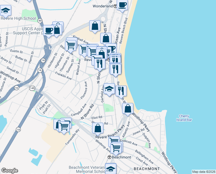 map of restaurants, bars, coffee shops, grocery stores, and more near 18 Avalon Street in Revere
