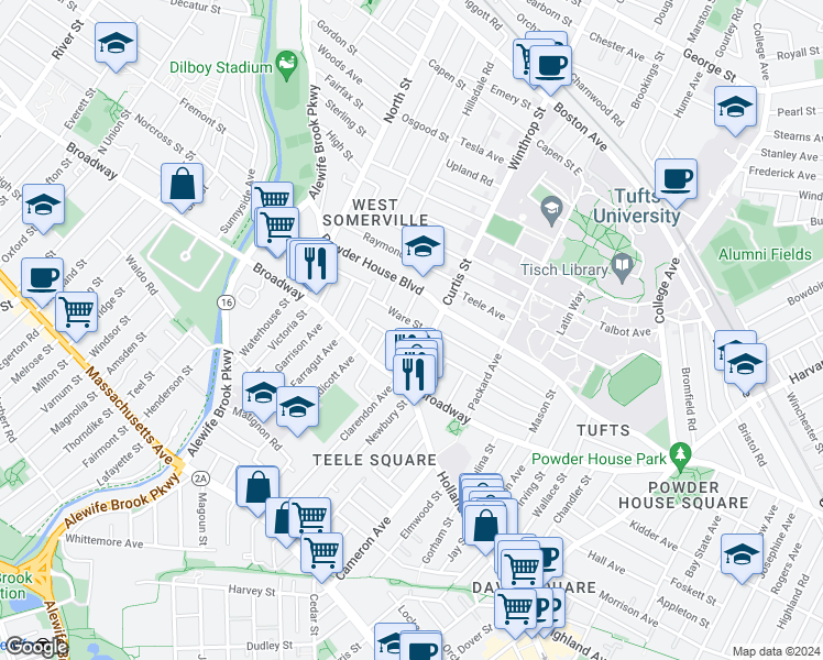 map of restaurants, bars, coffee shops, grocery stores, and more near 12 Ware Street in Somerville