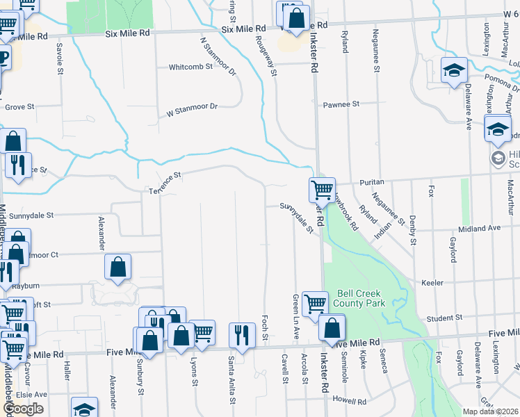 map of restaurants, bars, coffee shops, grocery stores, and more near 15953 Foch Street in Livonia