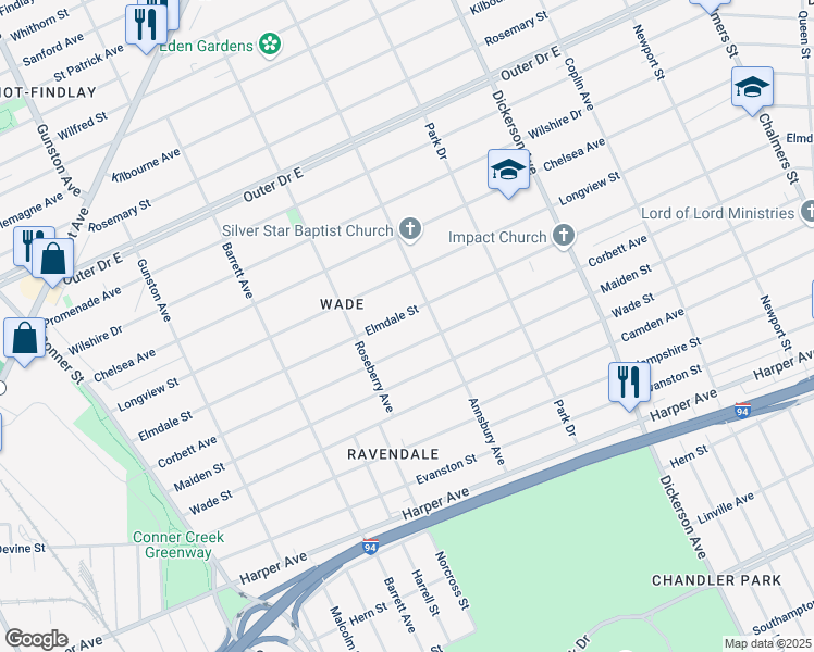 map of restaurants, bars, coffee shops, grocery stores, and more near 12282 Elmdale Street in Detroit