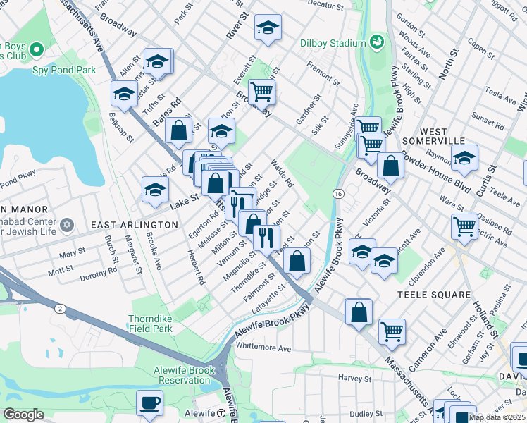 map of restaurants, bars, coffee shops, grocery stores, and more near 34 Windsor Street in Arlington