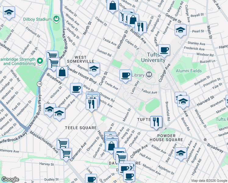 map of restaurants, bars, coffee shops, grocery stores, and more near in Somerville