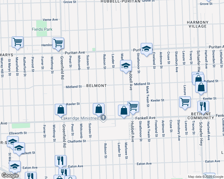 map of restaurants, bars, coffee shops, grocery stores, and more near 15491 Lauder Street in Detroit