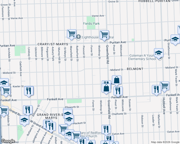 map of restaurants, bars, coffee shops, grocery stores, and more near 15519 Forrer Street in Detroit