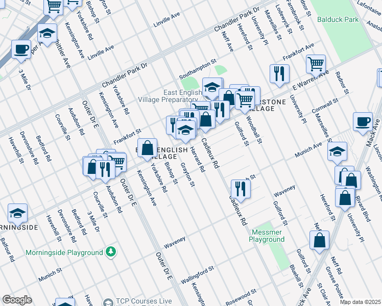 map of restaurants, bars, coffee shops, grocery stores, and more near 4875 Harvard Road in Detroit