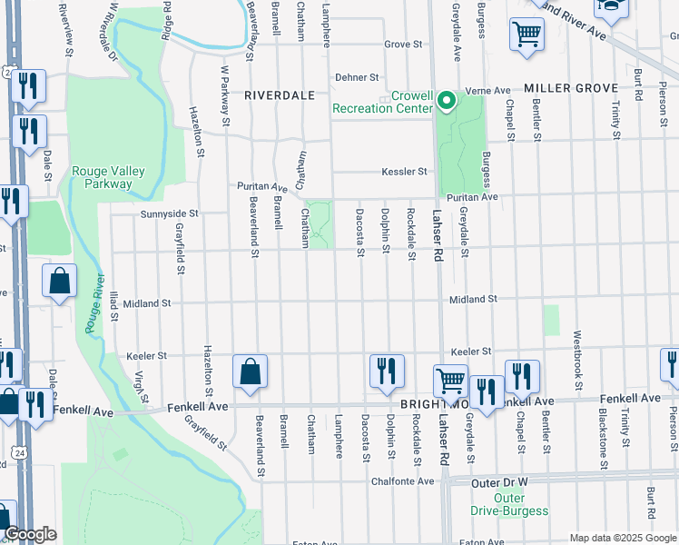 map of restaurants, bars, coffee shops, grocery stores, and more near 15754 Lamphere Street in Detroit