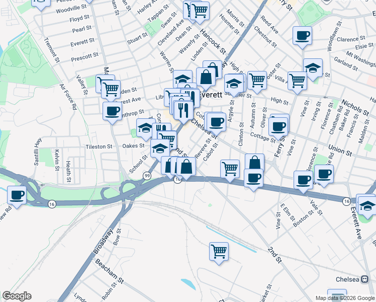 map of restaurants, bars, coffee shops, grocery stores, and more near 44 Wolcott Street in Everett